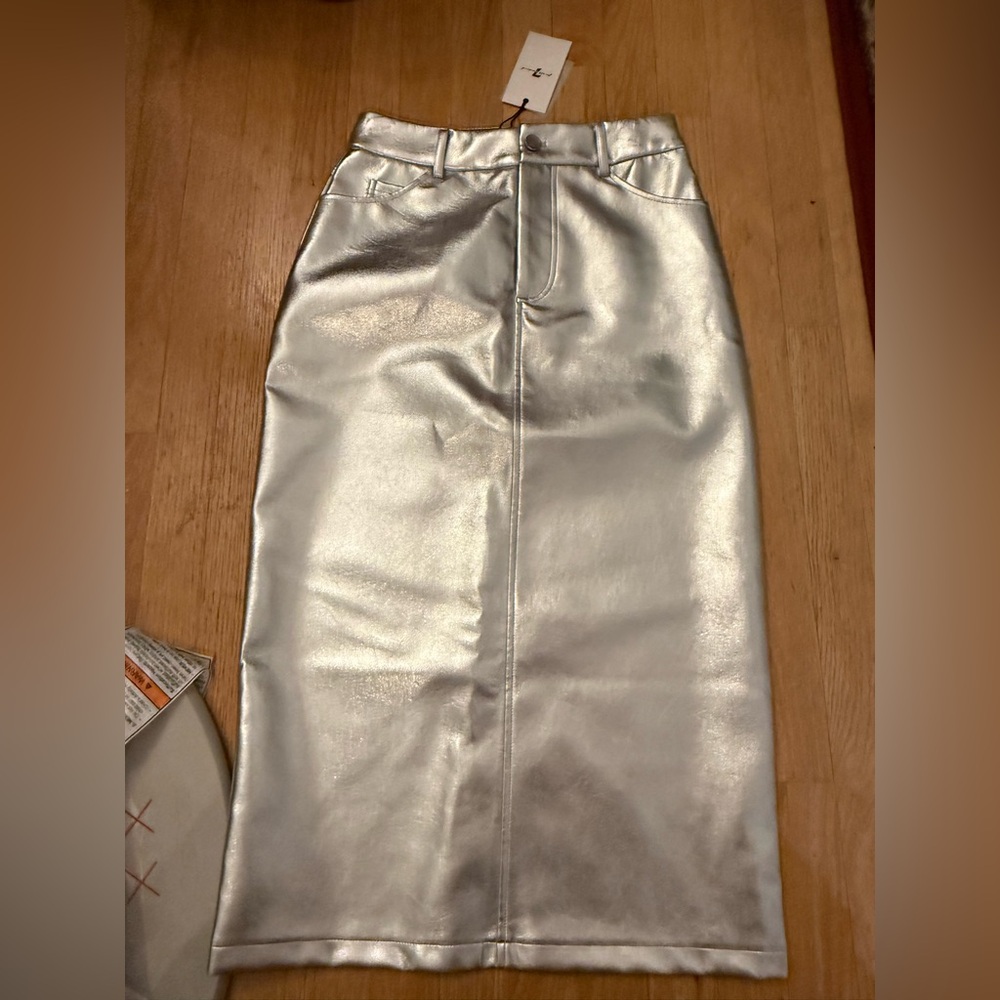 7 For All Mankind Silver Metallic Pencil Skirt